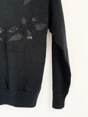 Black Knit Sweater With Sequin Floral Applique