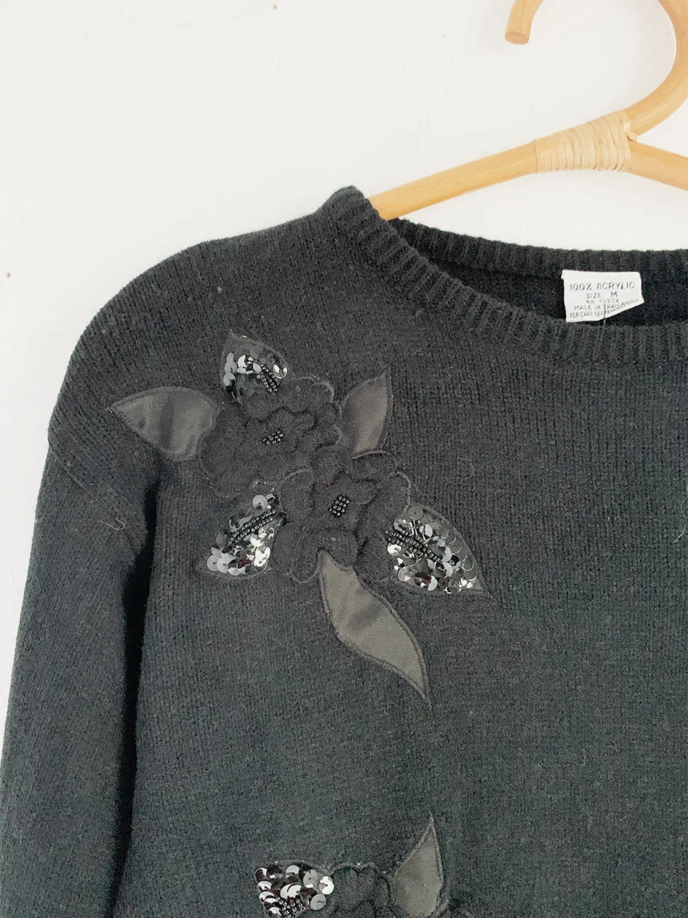 Black Knit Sweater With Sequin Floral Applique