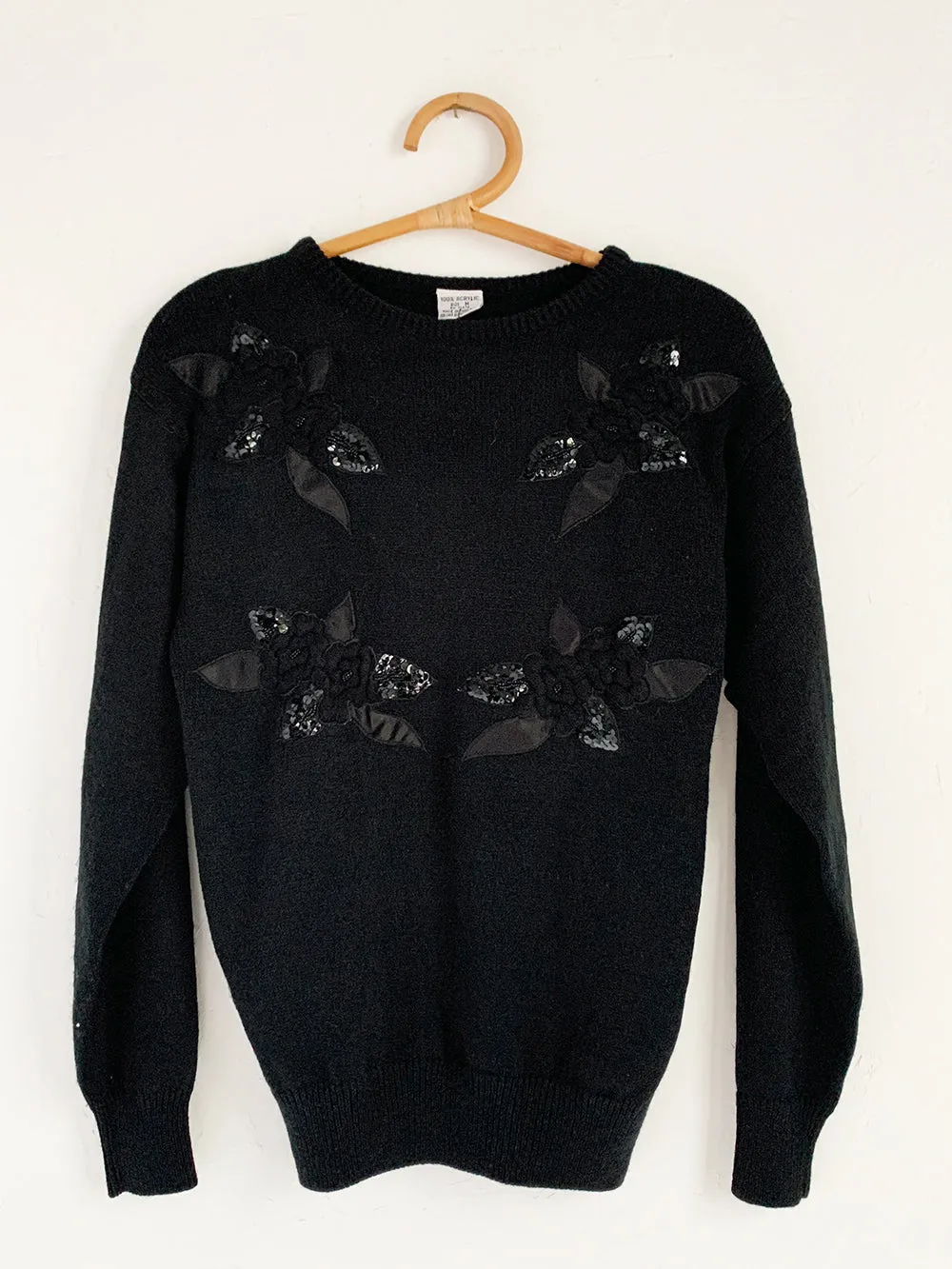 Black Knit Sweater With Sequin Floral Applique