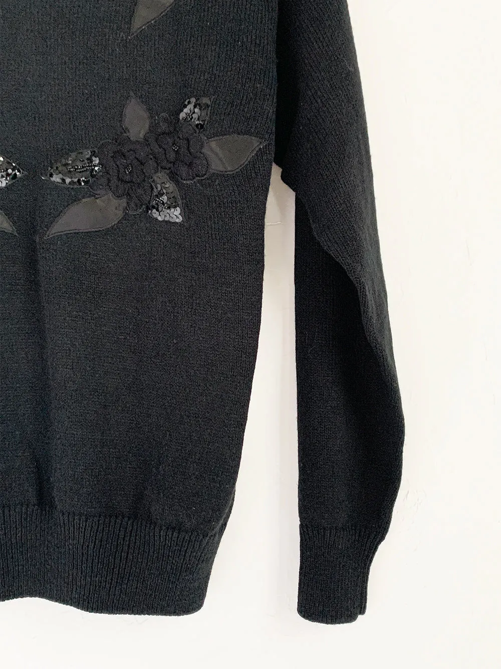 Black Knit Sweater With Sequin Floral Applique