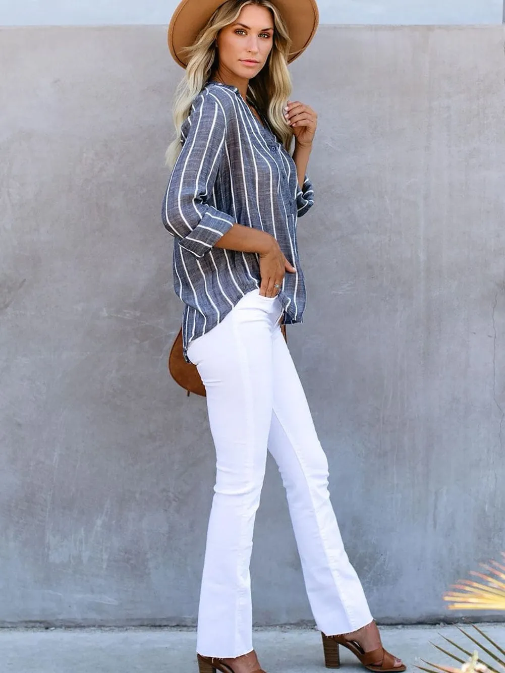 Blue V Neck Striped Long Sleeve Top with Pocket