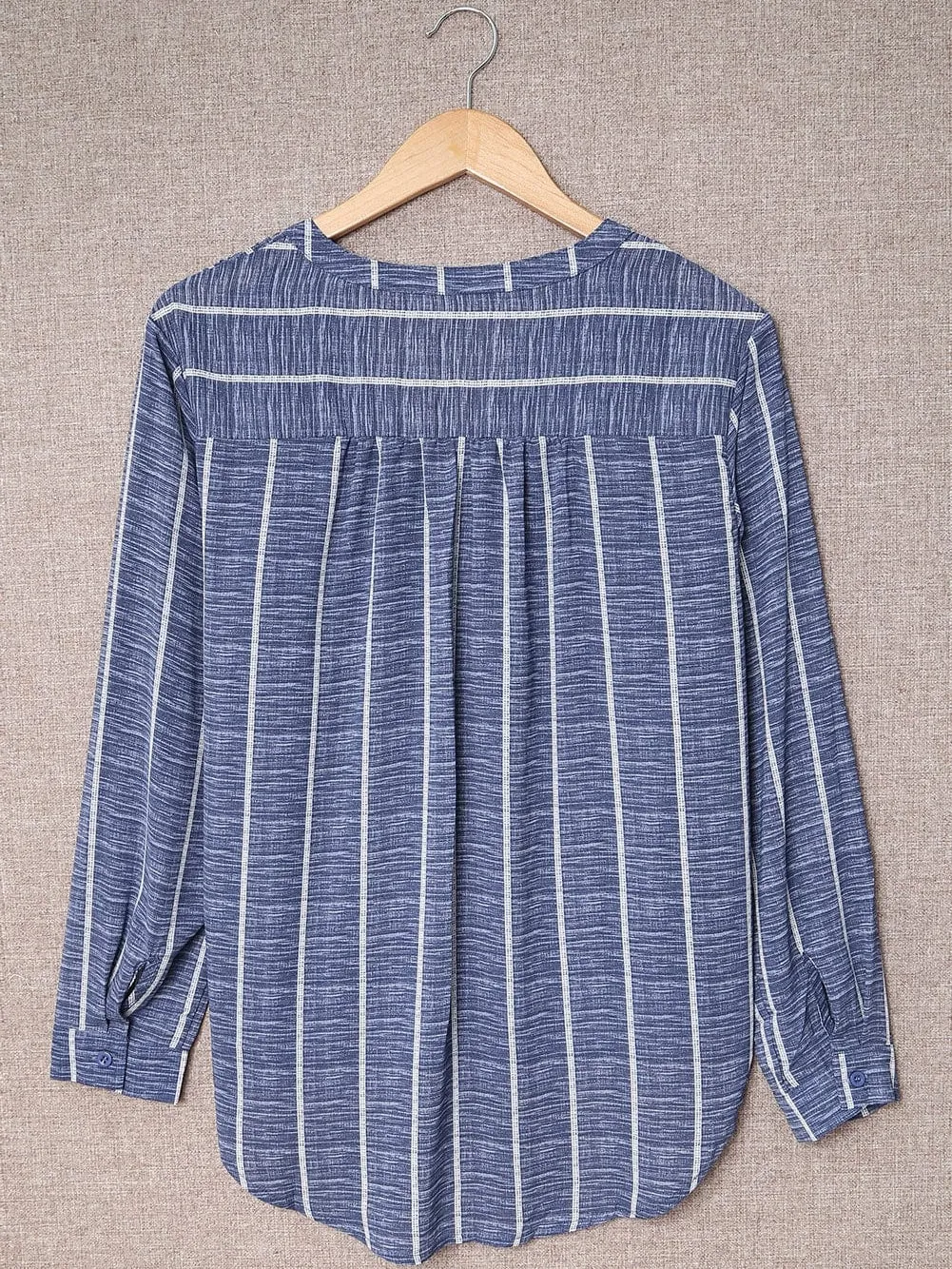 Blue V Neck Striped Long Sleeve Top with Pocket