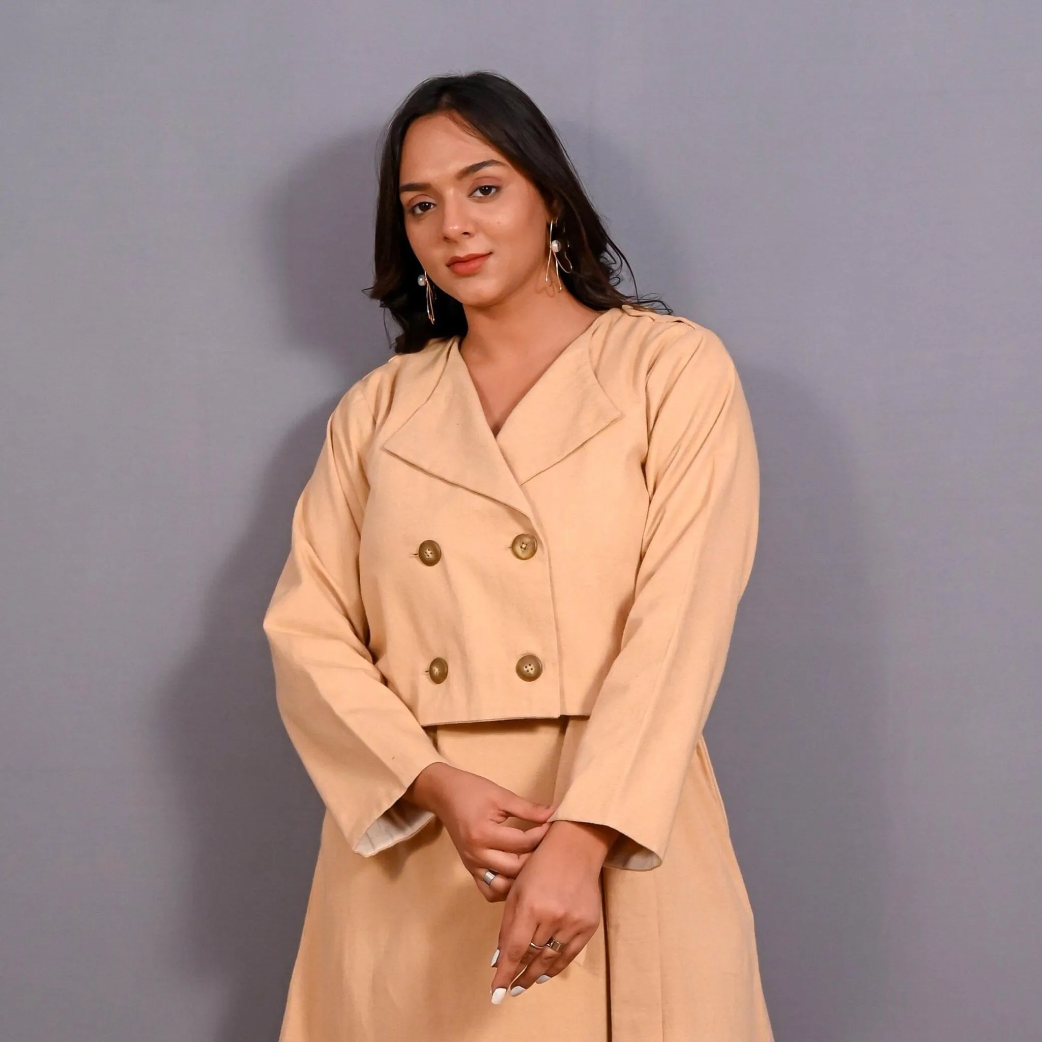 Dusk Beige Warm Cotton Flannel Double-Breasted Button-Down Shacket