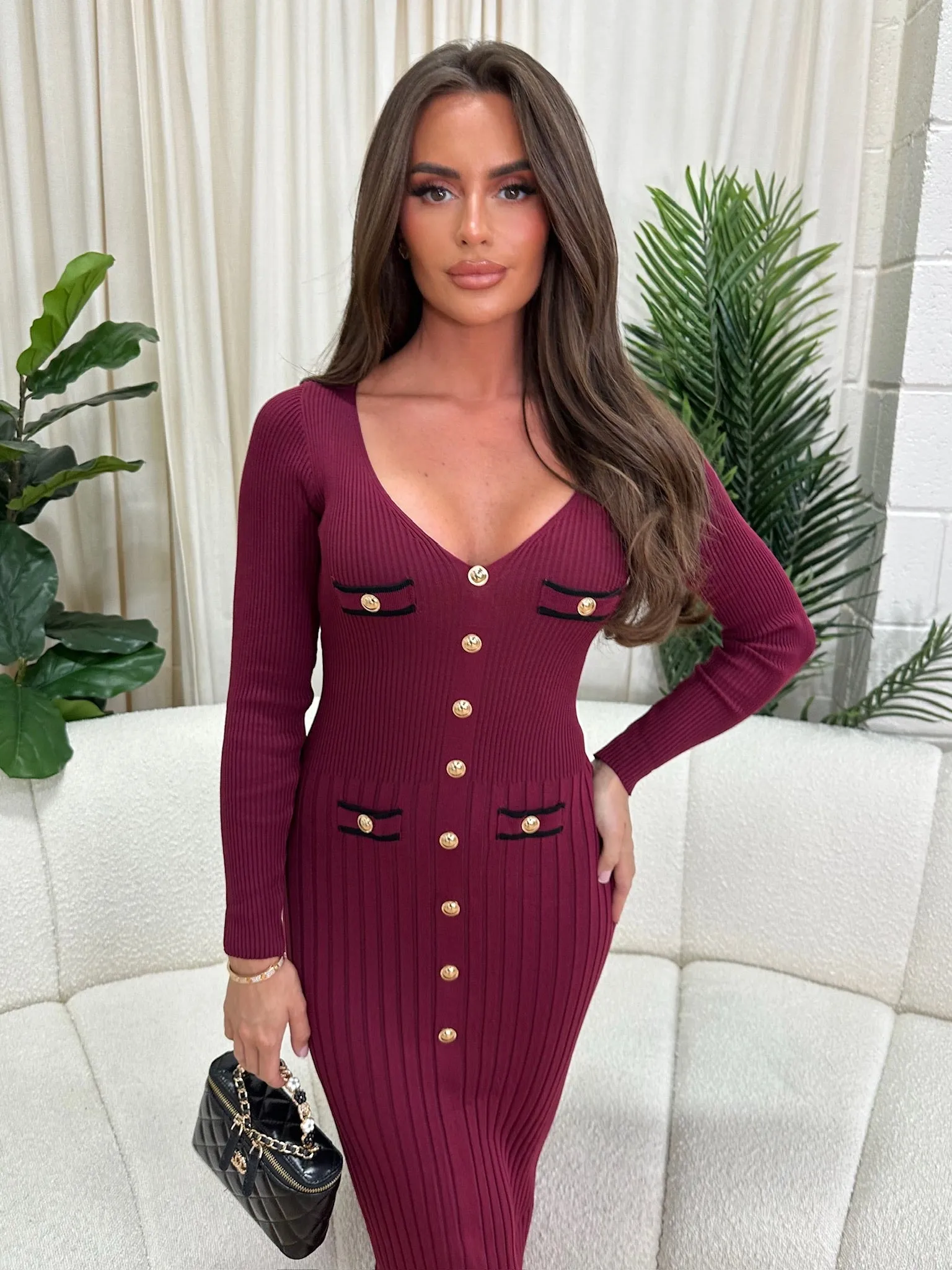 Finely burgundy Button Long Sleeve Dress