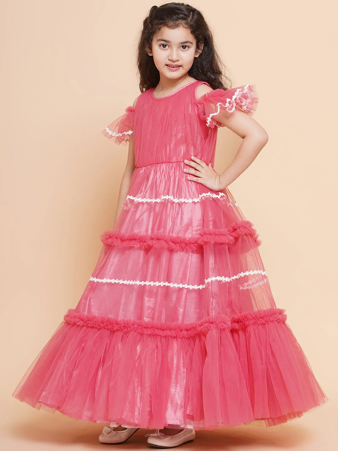 Girls Cold Shoulder Tiered Fit & Flare Maxi Dress
