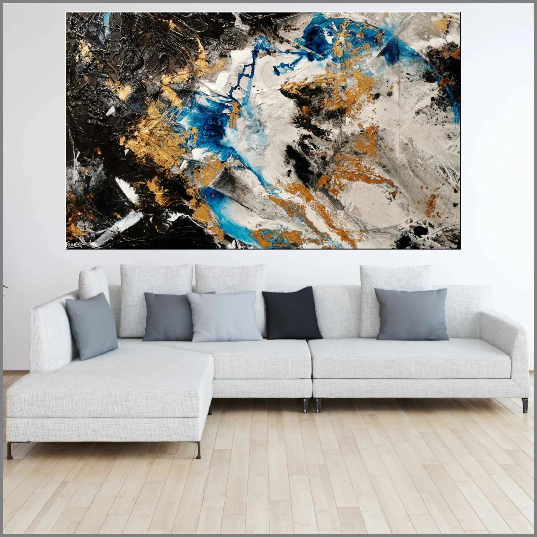 Golden Cobalt 250cm x 150cm Blue Black Grey Gold Textured Abstract Painting (SOLD)