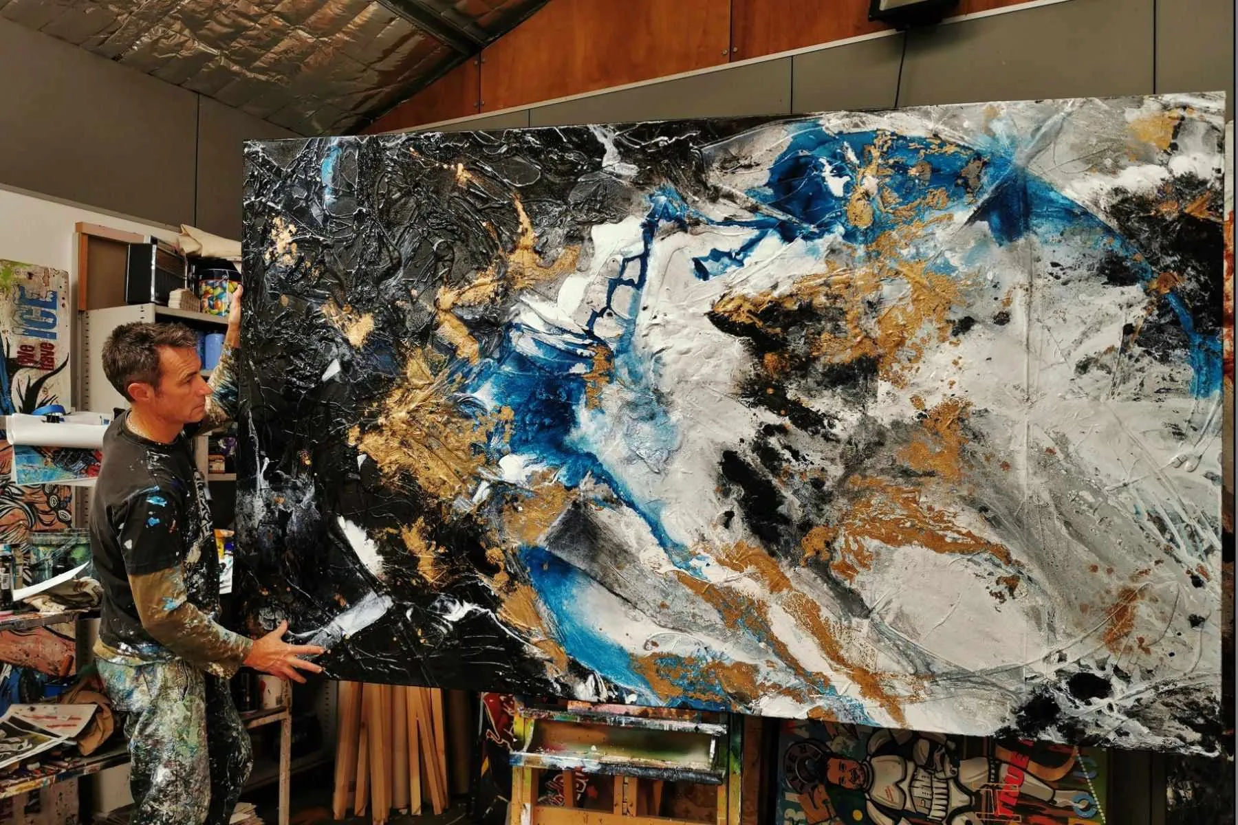 Golden Cobalt 250cm x 150cm Blue Black Grey Gold Textured Abstract Painting (SOLD)