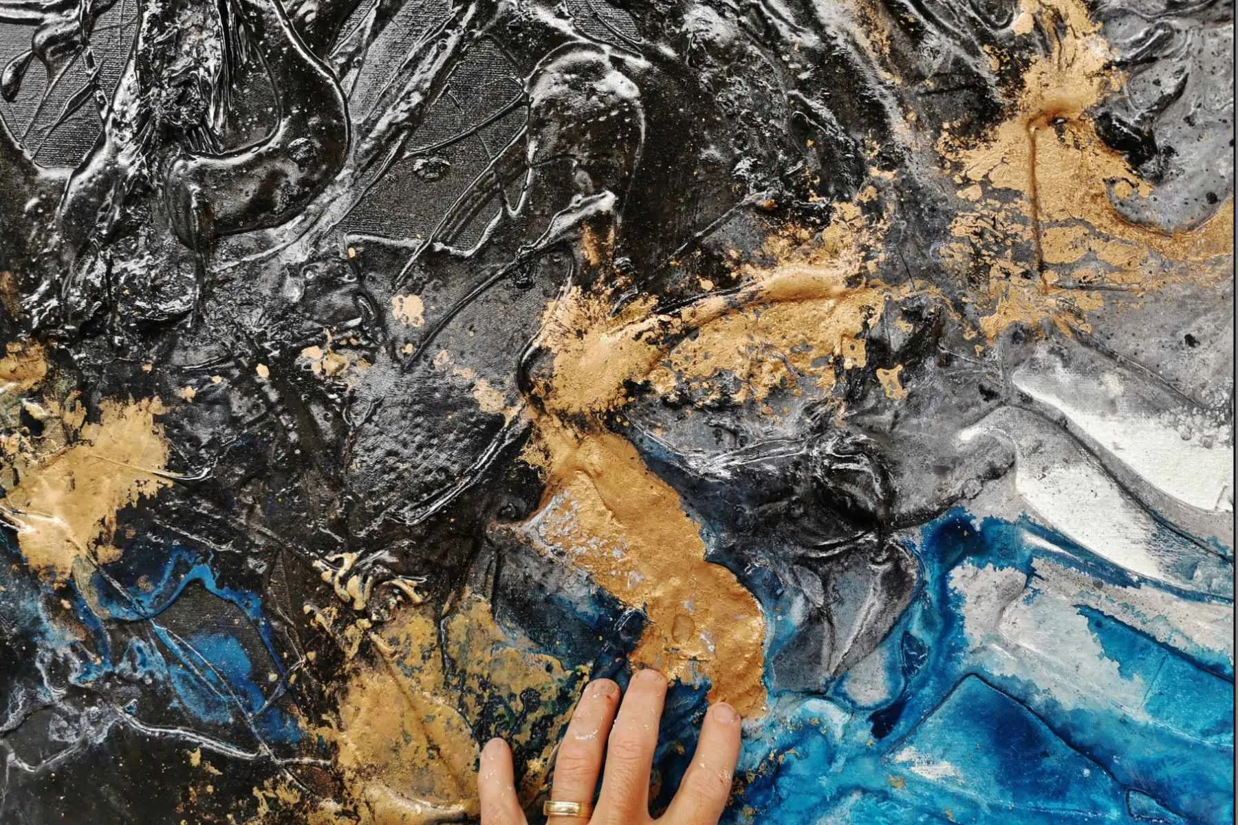 Golden Cobalt 250cm x 150cm Blue Black Grey Gold Textured Abstract Painting (SOLD)