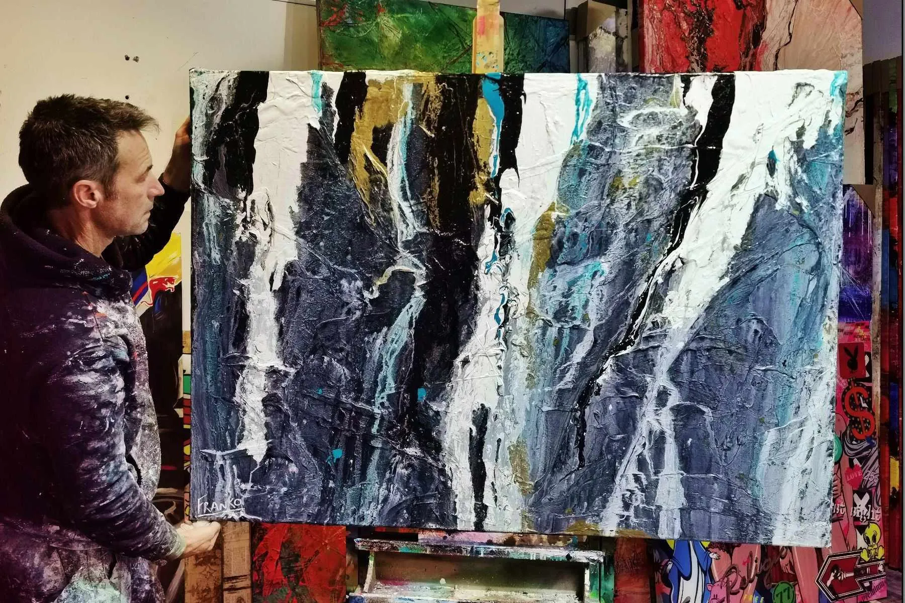 Golden Cobalt Granite 140cm x 100cm Grey Black Textured Abstract Painting (SOLD)