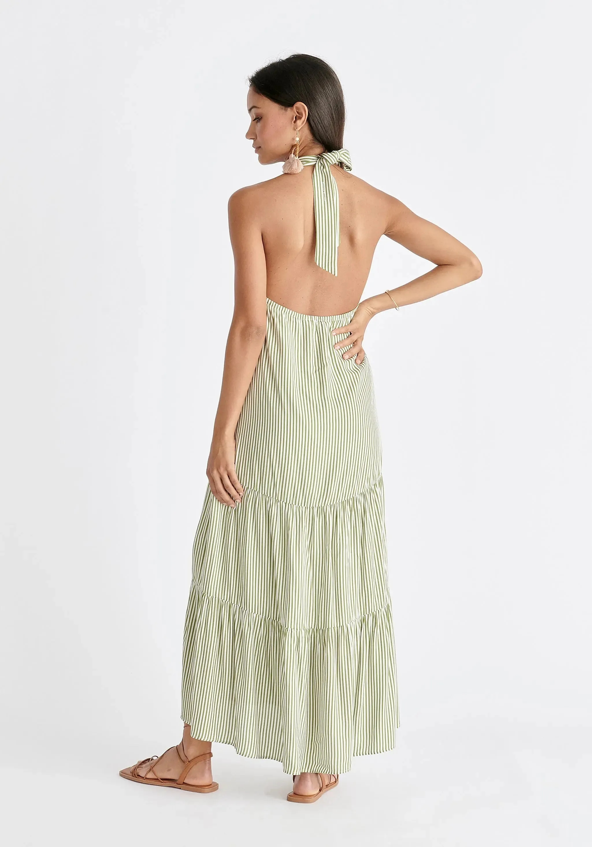 Green and White Tiered Halterneck Maxi Dress