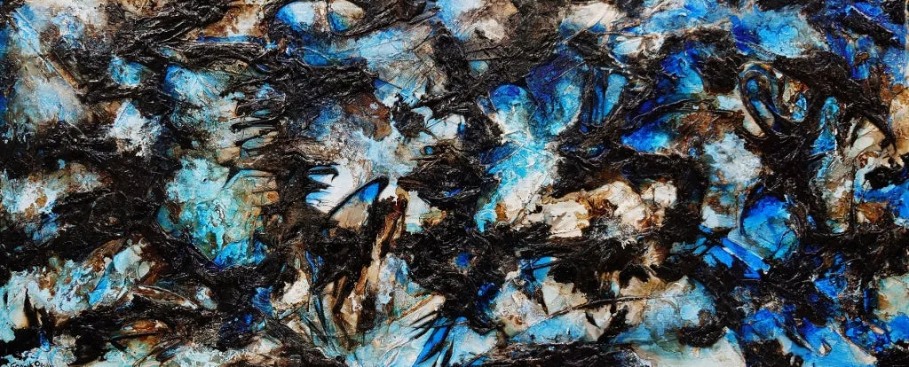 Ice Over Licorice 240cm x 100cm Blue Black Textured Abstract Painting (SOLD)