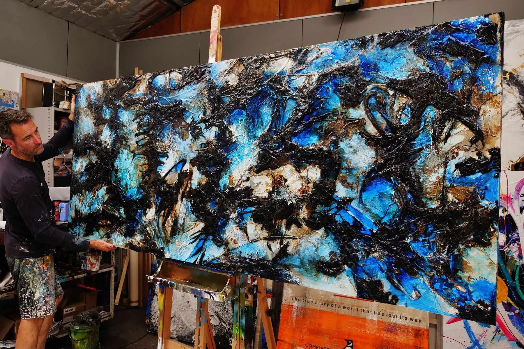 Ice Over Licorice 240cm x 100cm Blue Black Textured Abstract Painting (SOLD)