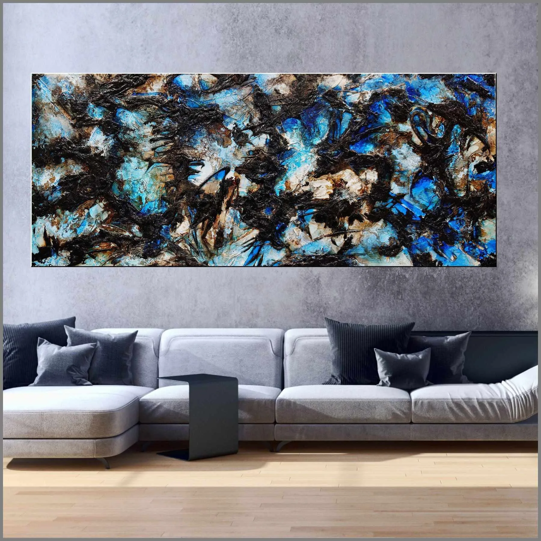 Ice Over Licorice 240cm x 100cm Blue Black Textured Abstract Painting (SOLD)