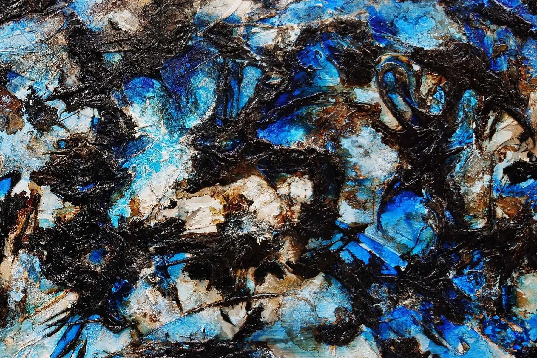 Ice Over Licorice 240cm x 100cm Blue Black Textured Abstract Painting (SOLD)