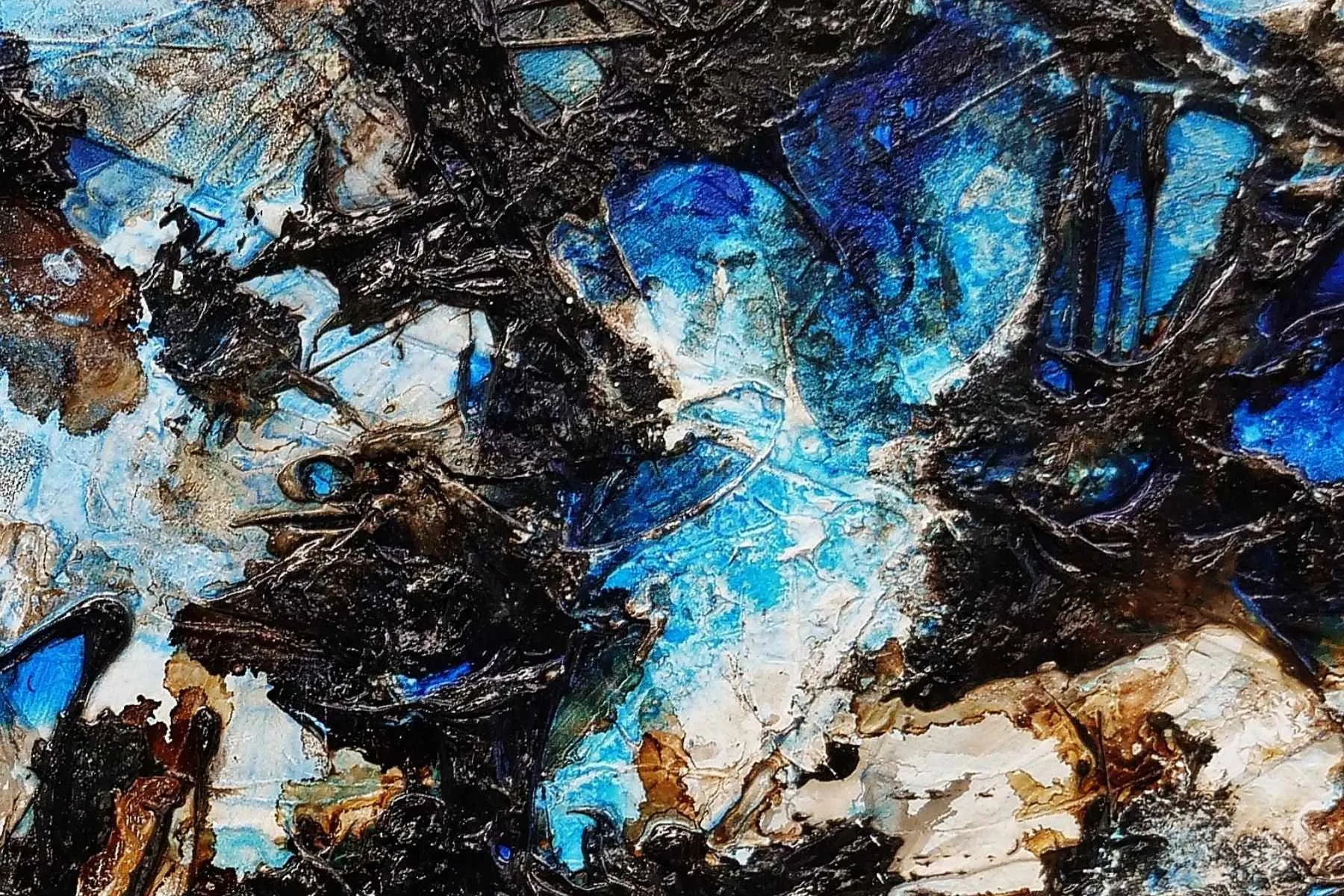 Ice Over Licorice 240cm x 100cm Blue Black Textured Abstract Painting (SOLD)