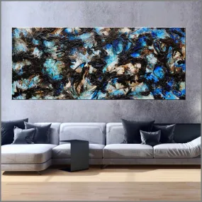 Ice Over Licorice 240cm x 100cm Blue Black Textured Abstract Painting (SOLD)