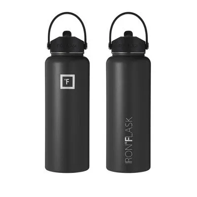 IRON FLASK 40oz Wide Mouth Sports Water Bottle - 3 Lids, Leak Proof, Double Walled Vacuum Insulated - Midnight Black