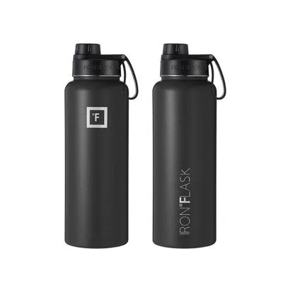 IRON FLASK 40oz Wide Mouth Sports Water Bottle - 3 Lids, Leak Proof, Double Walled Vacuum Insulated - Midnight Black
