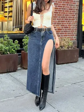 JOSKAA Women Vintage Denim Skirt Solid Color High Waist Bodycon Side Split Long Skirt Spring Summer Lady Irregular Skirt Streetwear