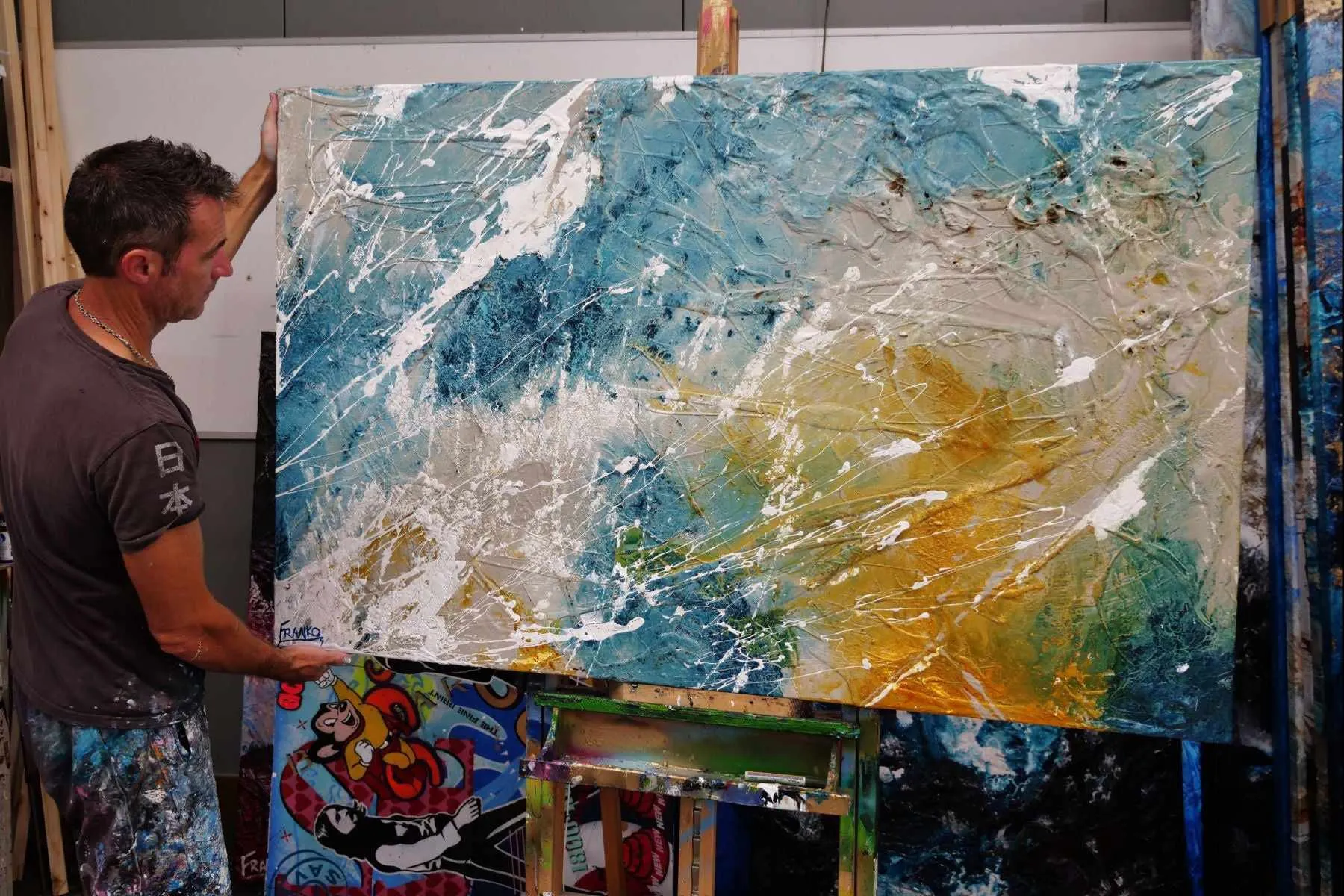 Midnight Denim 160cm x 100cm Denim Blue Rust Malt White Textured Abstract Painting (SOLD)