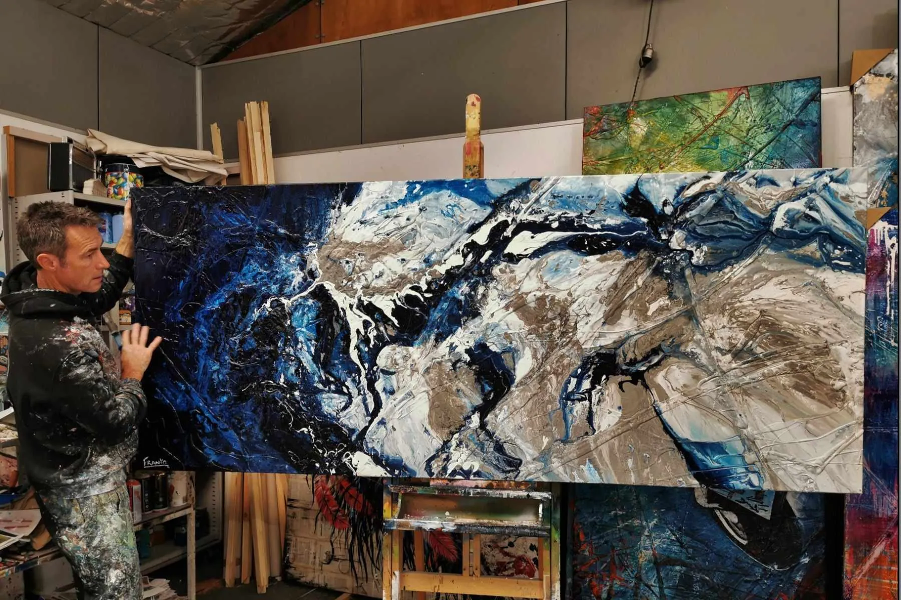 Midnight Romantic 240cm x 100cm Blue Cream Textured Abstract Painting (SOLD)