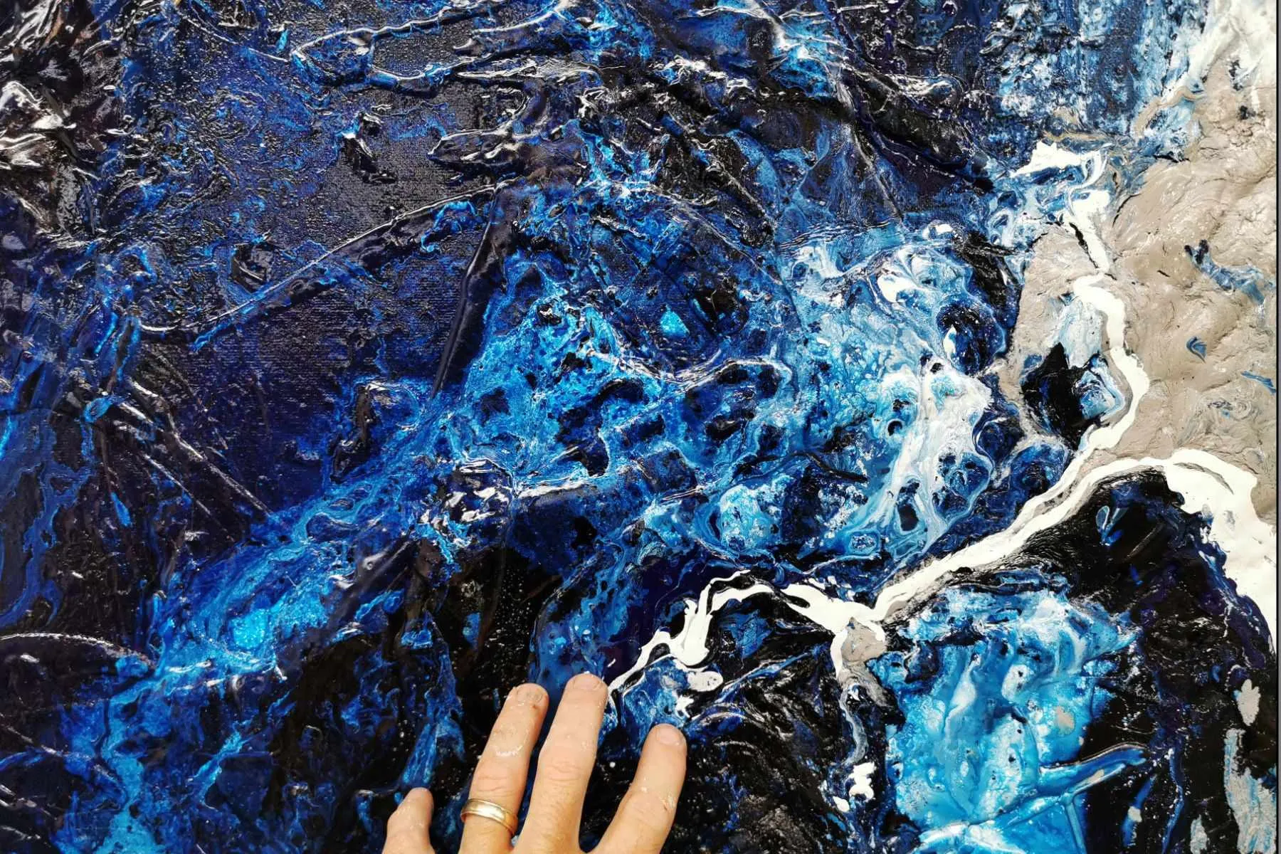 Midnight Romantic 240cm x 100cm Blue Cream Textured Abstract Painting (SOLD)
