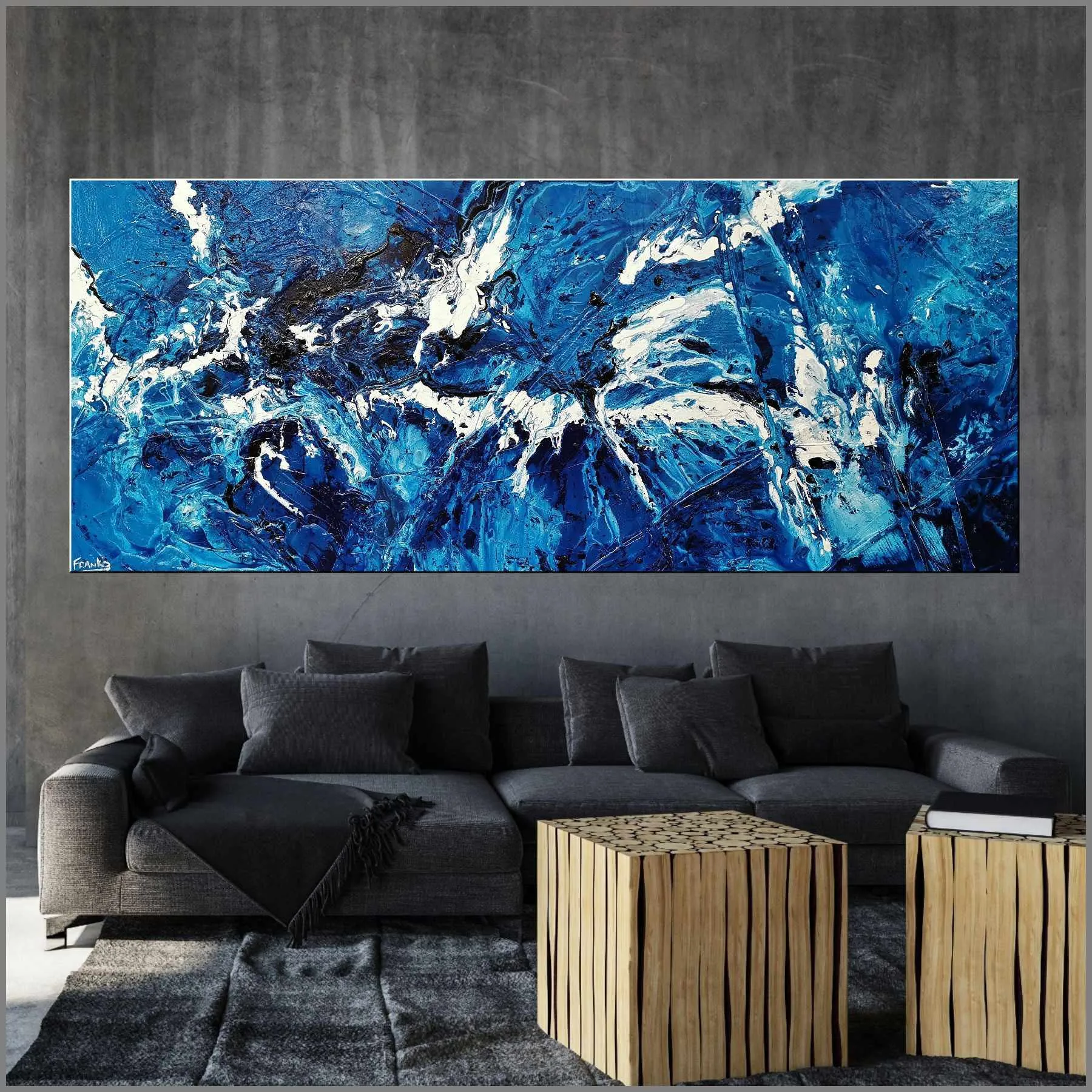 Molten Blue 240cm x 100cm Blue White Textured Abstract Painting (SOLD)