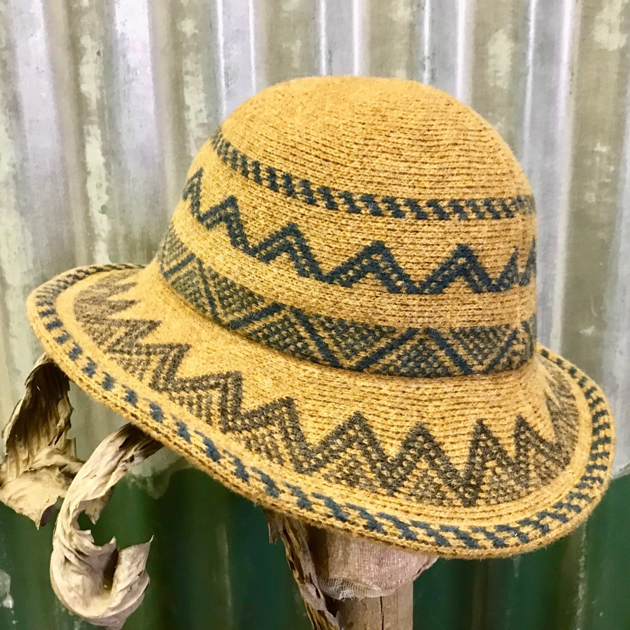 Mustard Boiled Wool Aztec Style Knit Hat