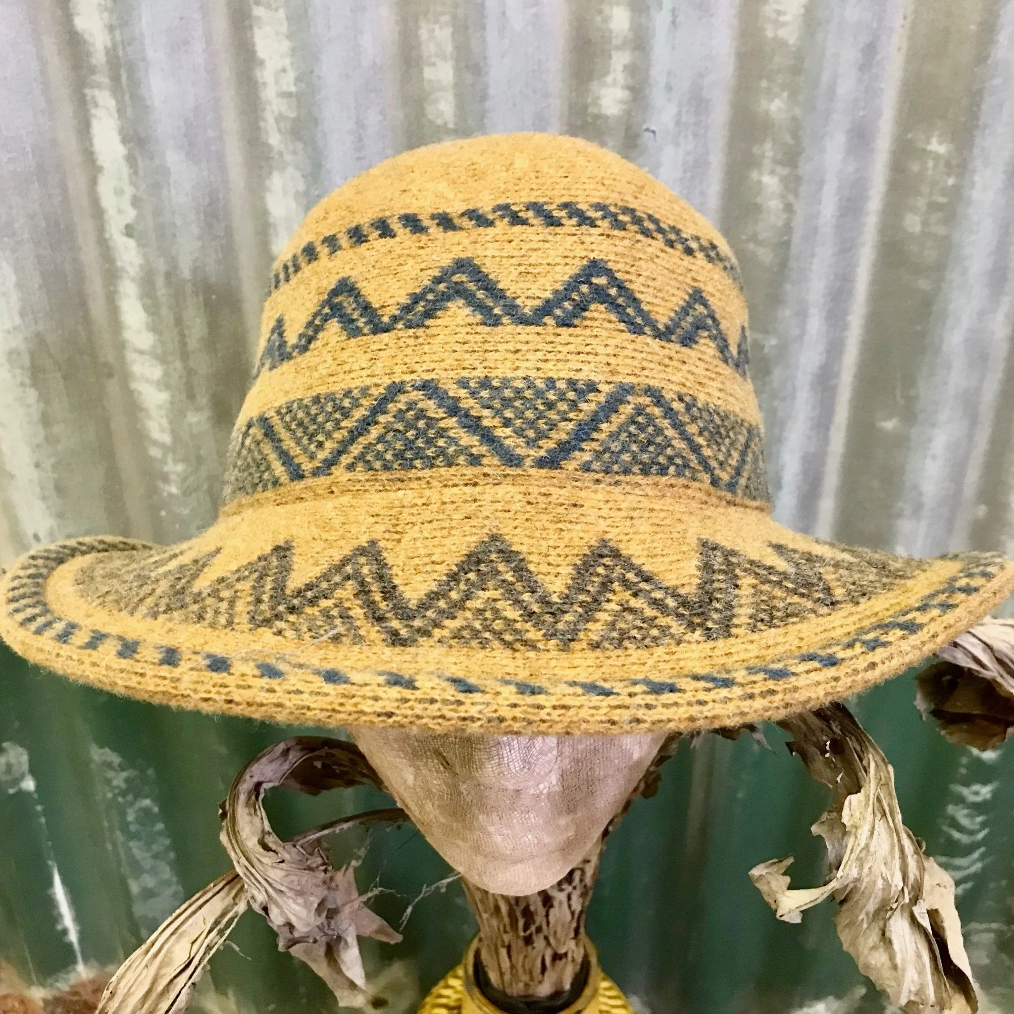 Mustard Boiled Wool Aztec Style Knit Hat