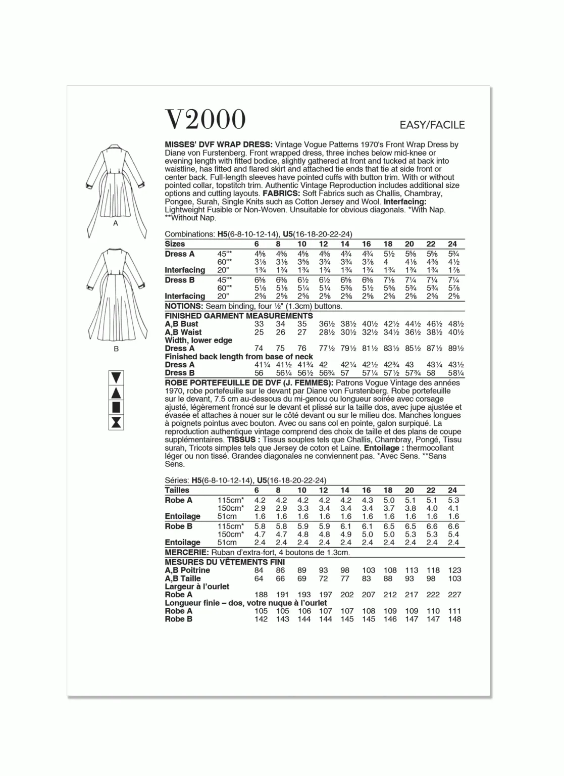 Pattern - Vogue - V2000 -  Misses’ DVF Wrap Dress by Diane von Furstenberg