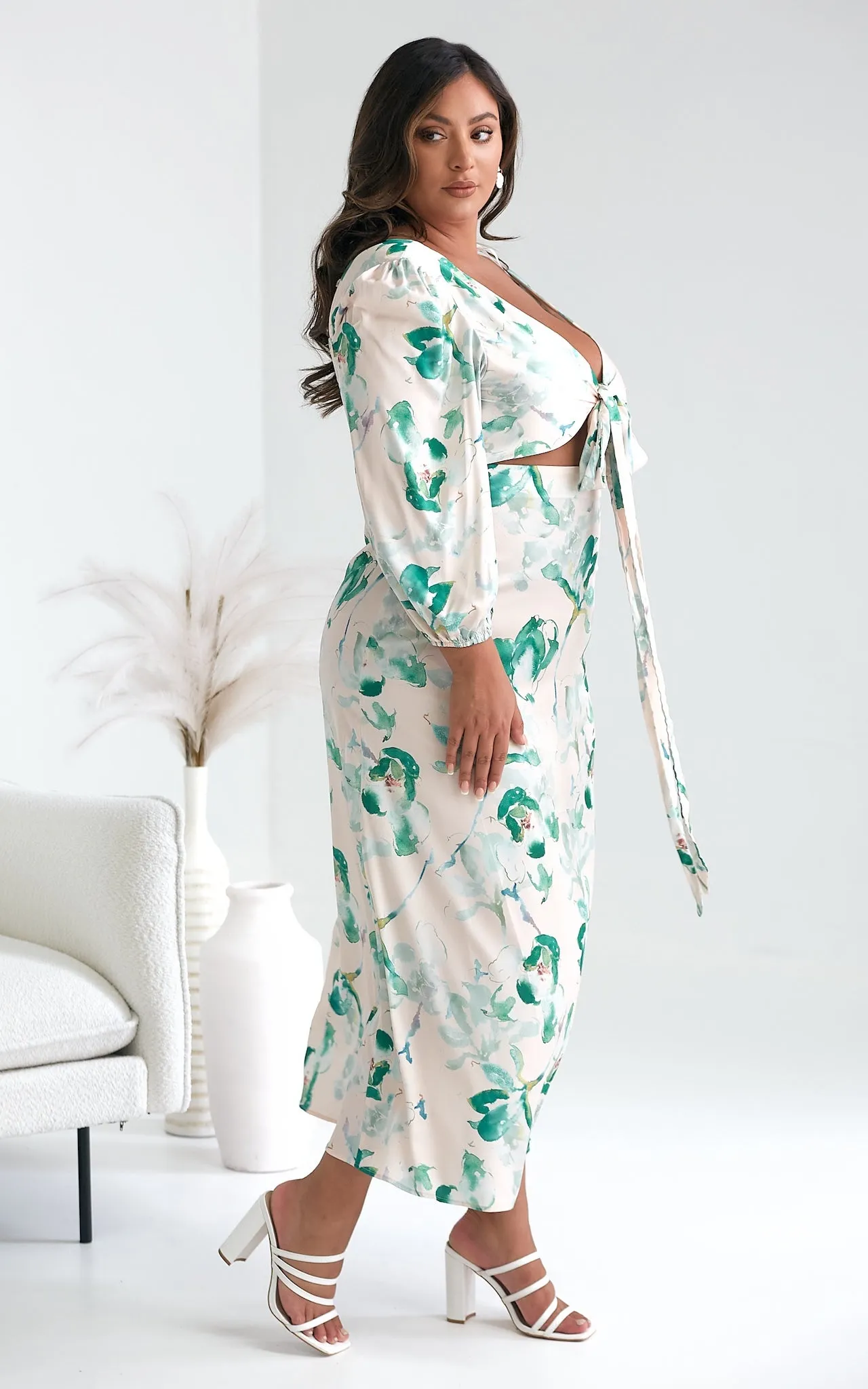 Roza Long Sleeve Maxi Dress - Beige Green Print
