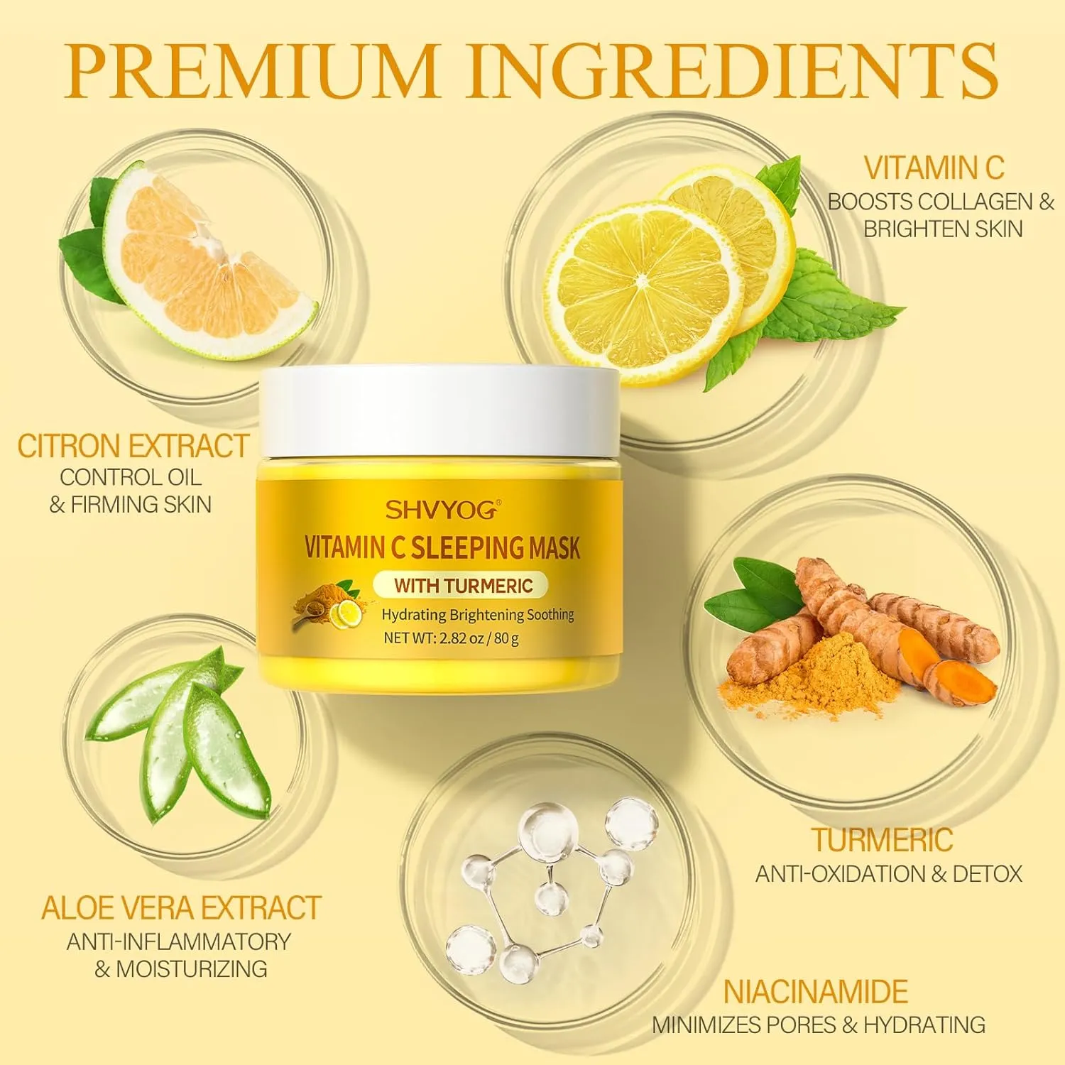 Vitamin C Turmeric Sleeping Mask, Vitamin C Overnight Face Mask With Turmeric, Vitamin C Brightening Sleep Face Mask Skin Care, Nourishing Hydrating Antioxidant Face Masks Skincare For Women - 2.82OZ