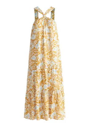 Yellow, Blue, Off White and Cream Tiered Halterneck Maxi Dress