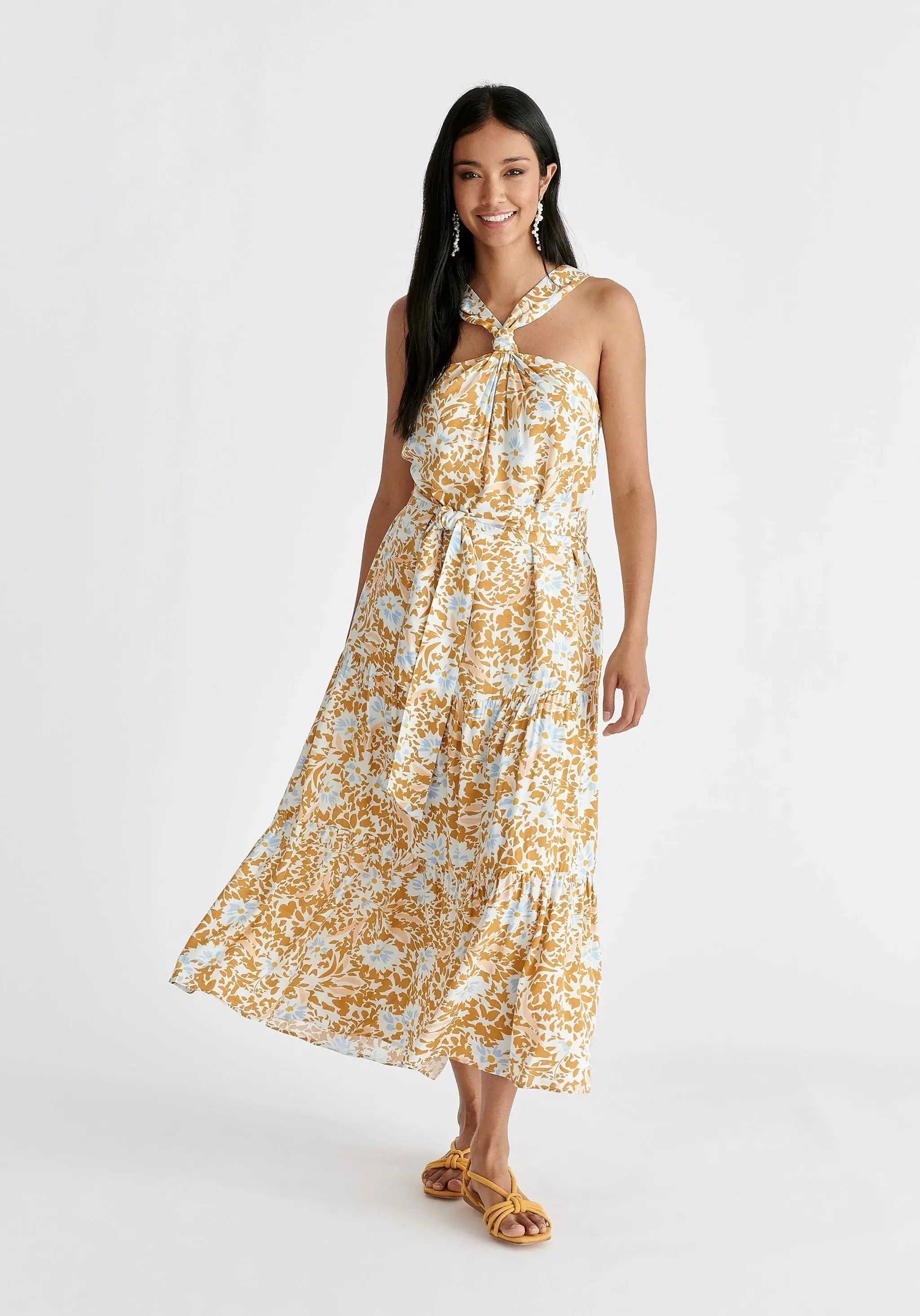 Yellow, Blue, Off White and Cream Tiered Halterneck Maxi Dress