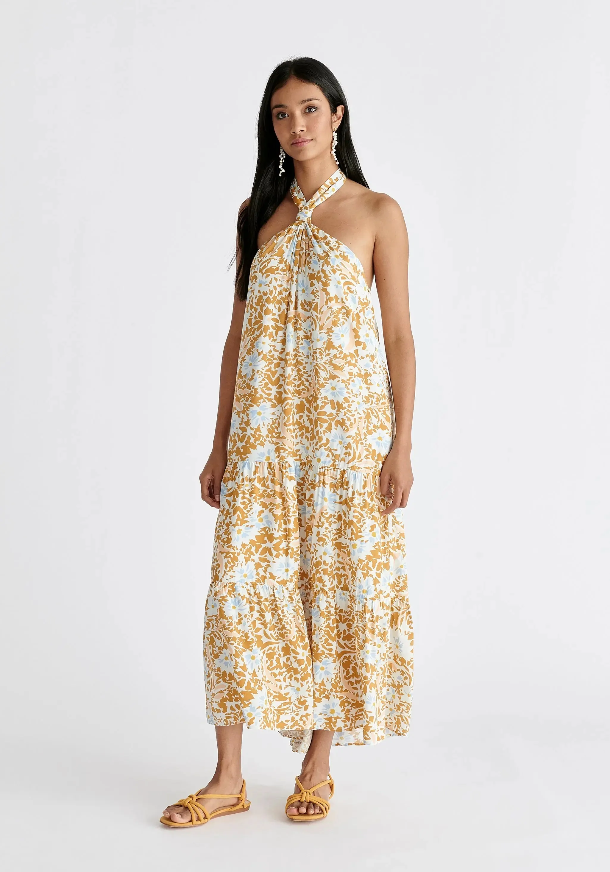 Yellow, Blue, Off White and Cream Tiered Halterneck Maxi Dress