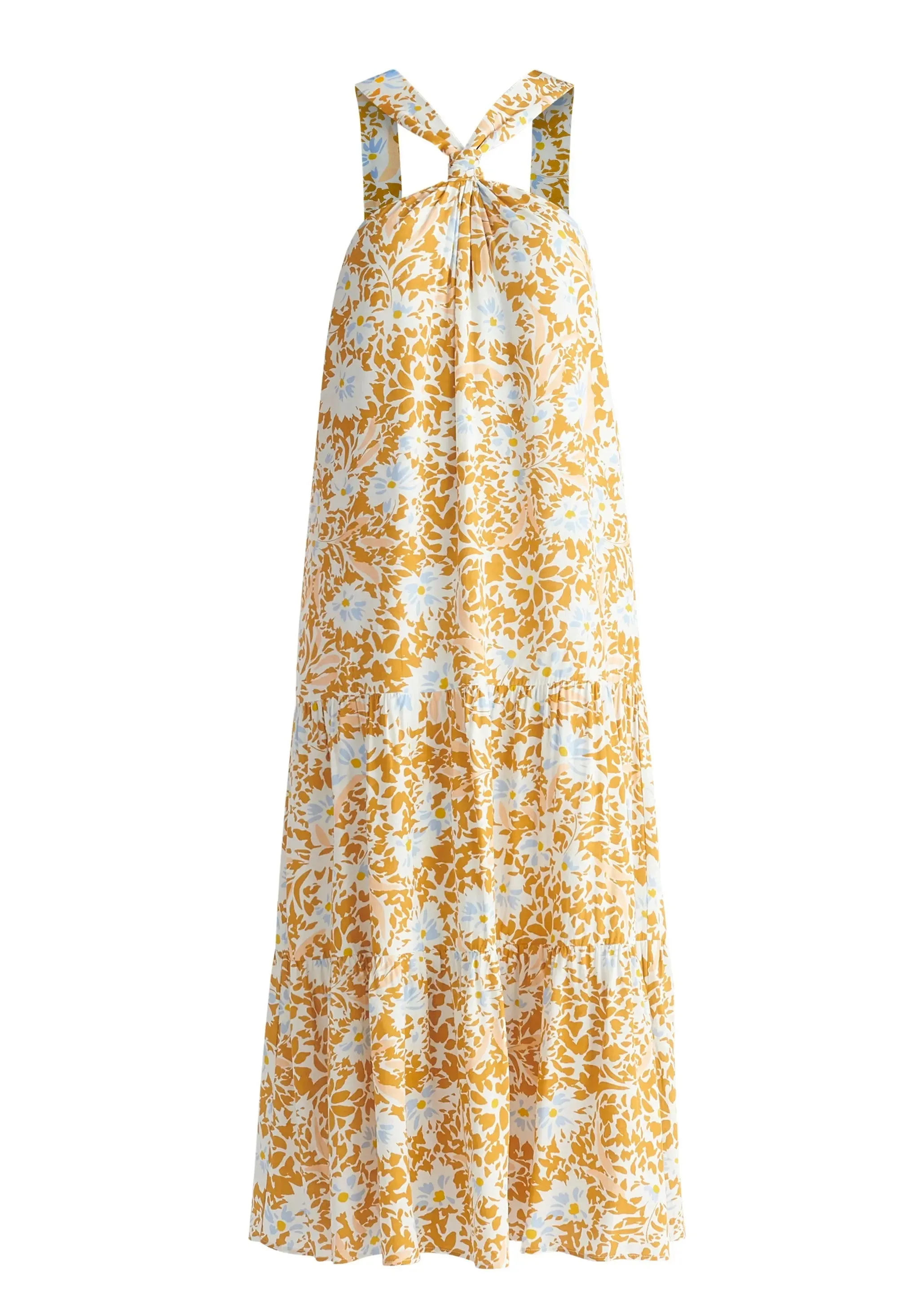 Yellow, Blue, Off White and Cream Tiered Halterneck Maxi Dress