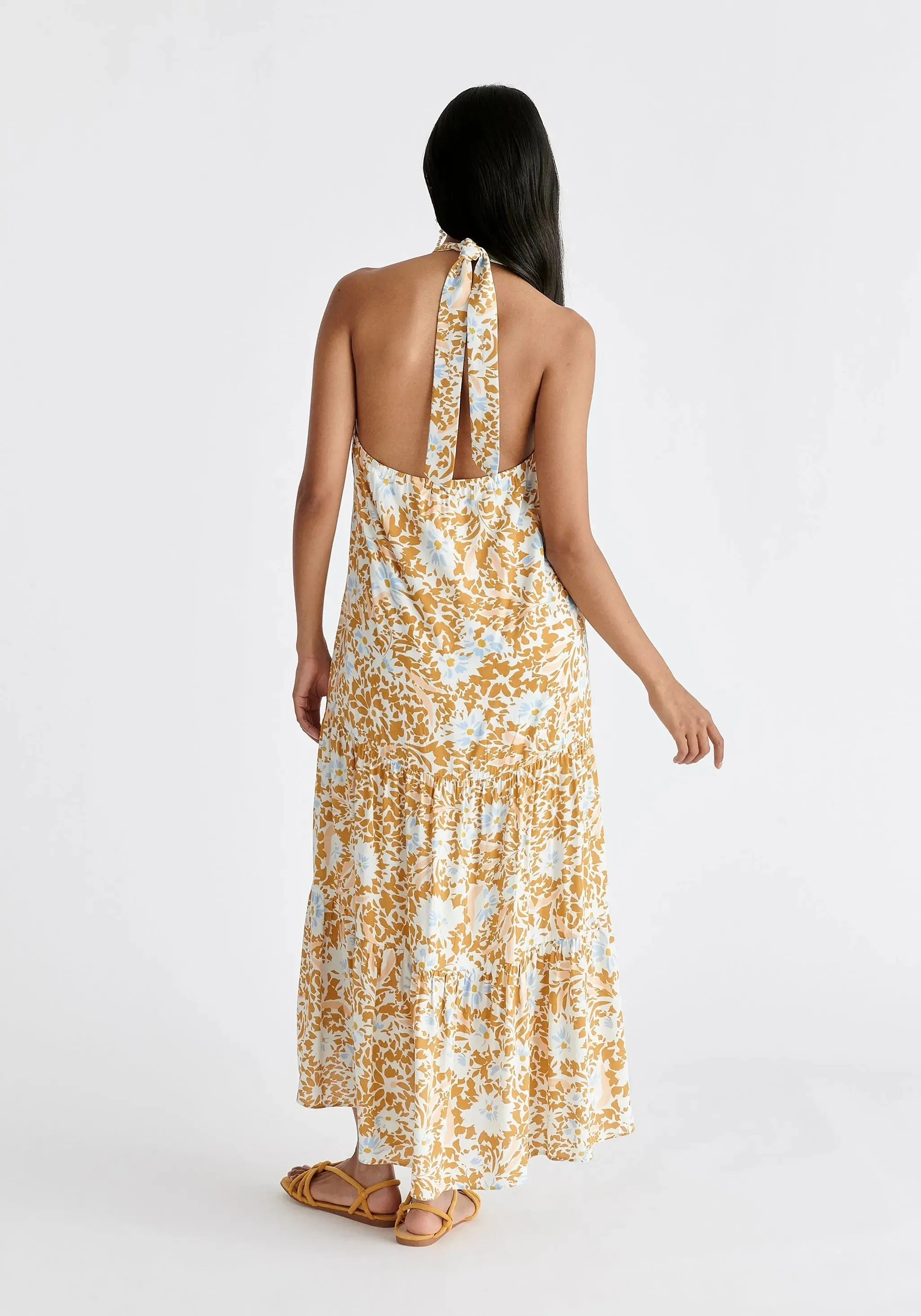 Yellow, Blue, Off White and Cream Tiered Halterneck Maxi Dress