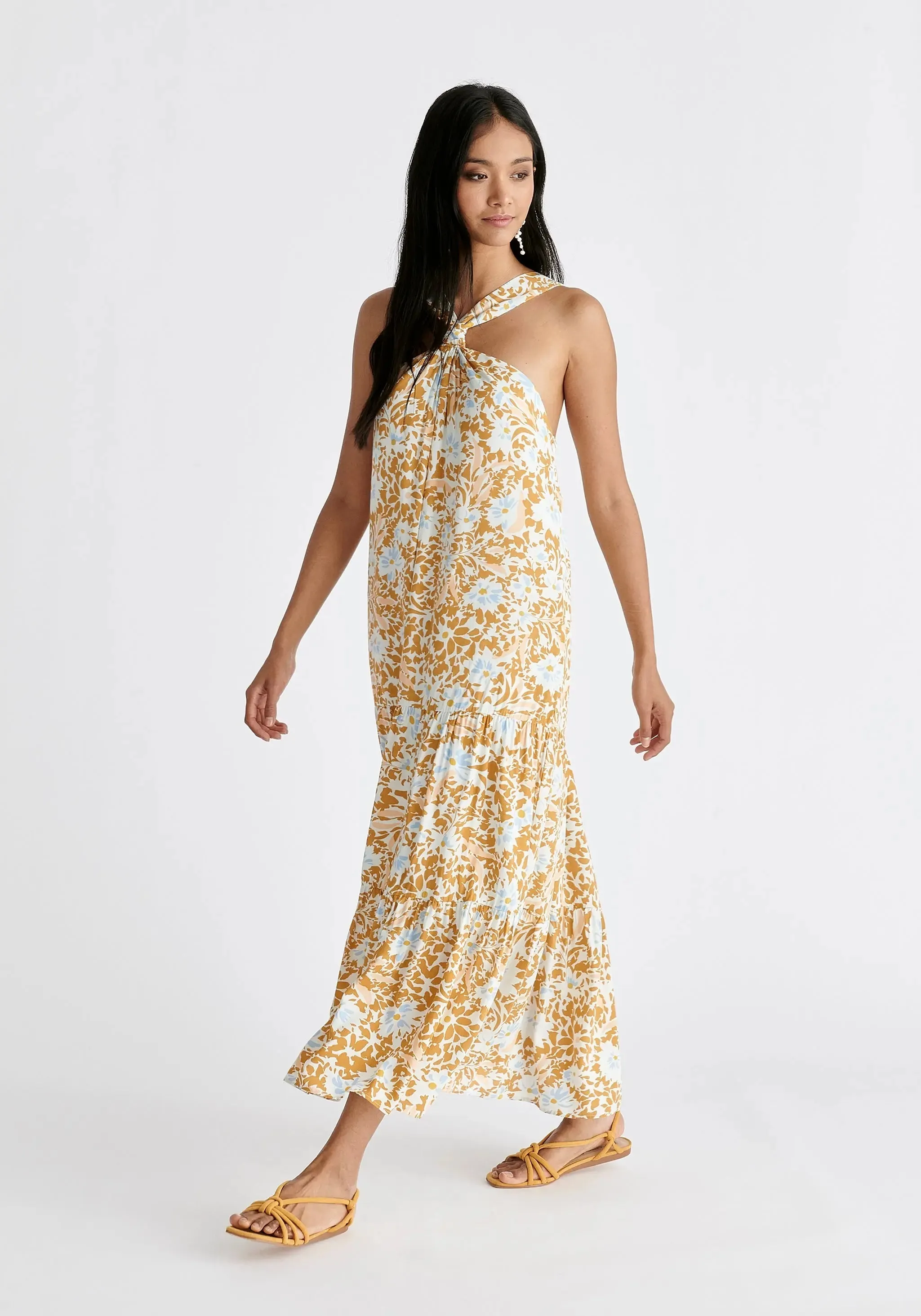 Yellow, Blue, Off White and Cream Tiered Halterneck Maxi Dress