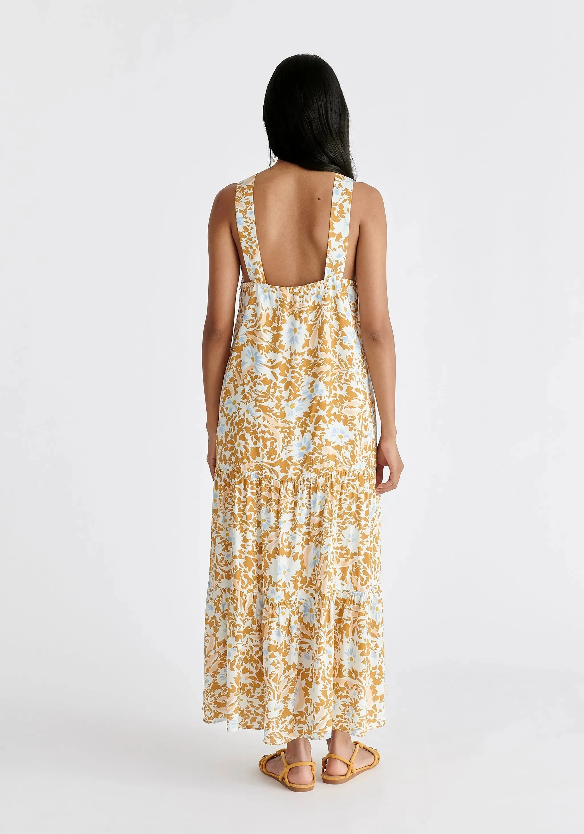 Yellow, Blue, Off White and Cream Tiered Halterneck Maxi Dress