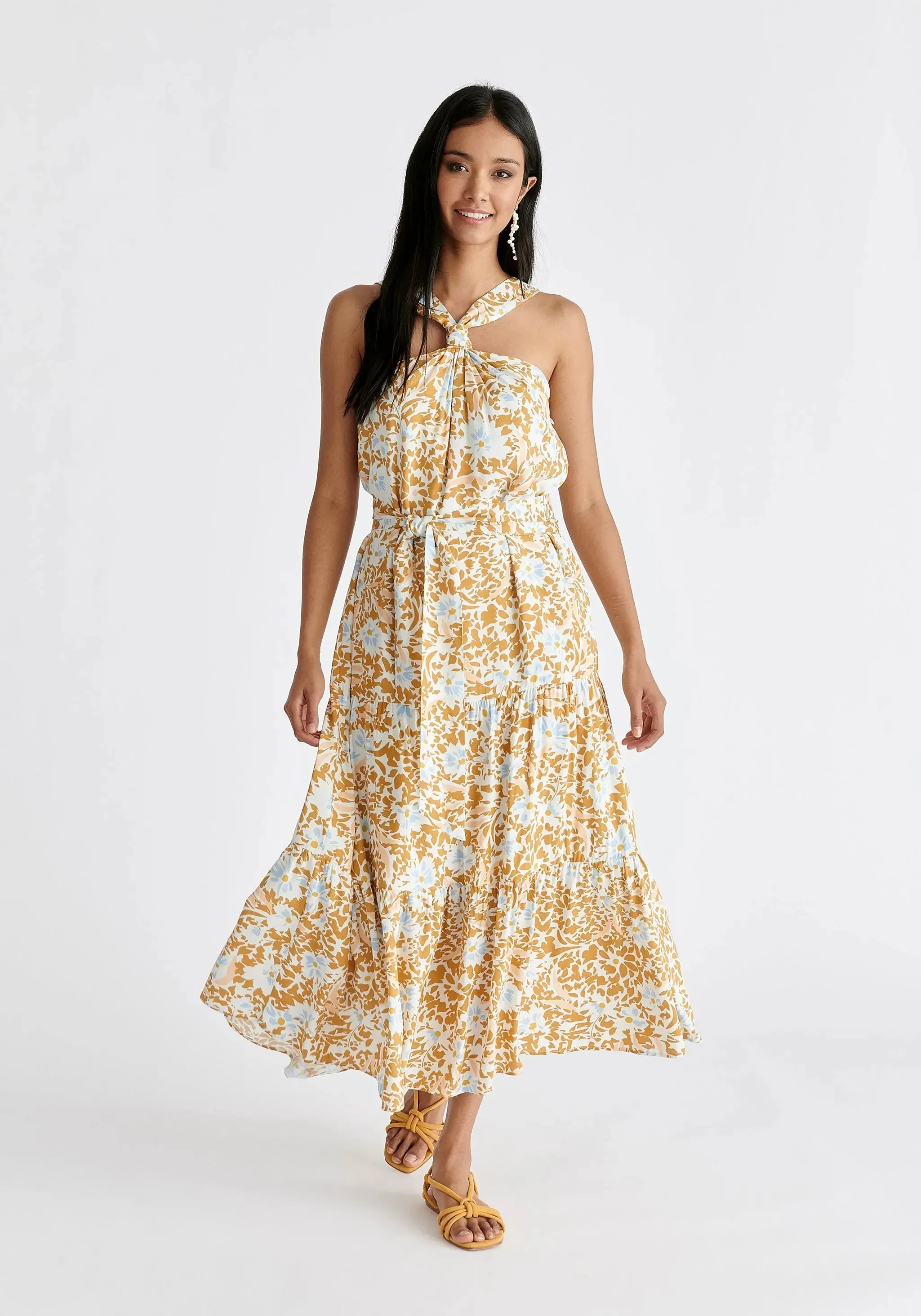 Yellow, Blue, Off White and Cream Tiered Halterneck Maxi Dress